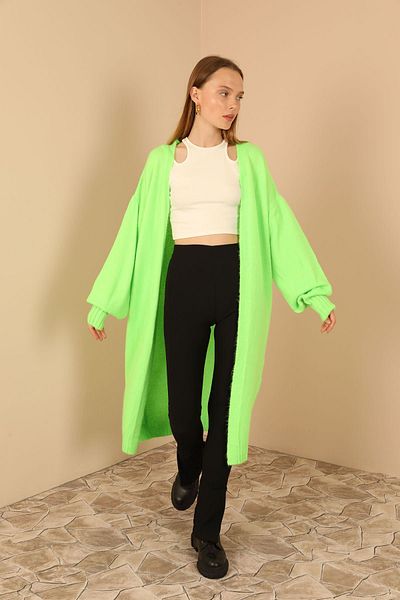 Cream Knitwear Fabric Shawl Collar Long Women's Cardigan-Neon Green