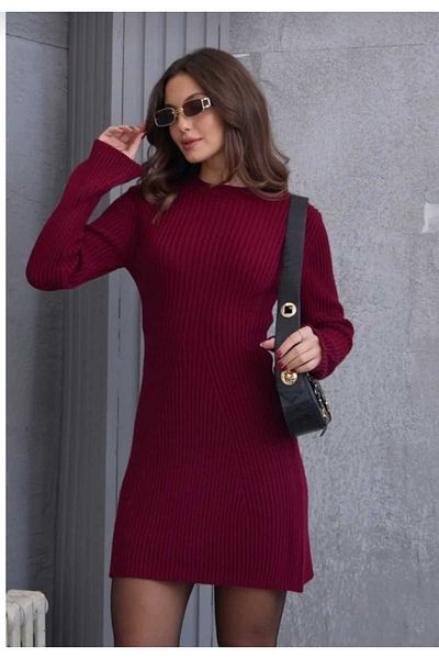 WellWay Rochie tricotată cu mânecă lungă pe jumătate cu gât roșu -Burgundy