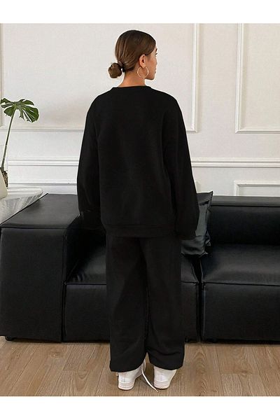 PALPİTO Γυναικείο Σετ Jogger Oversize με μαύρο ενεργό εμπριμέ λαιμόκοψη