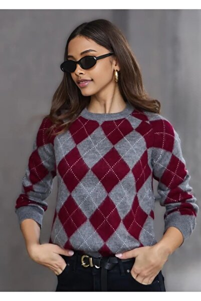 Butik La Lilyum; Ekose Baklava Desenli Yumuşak Dokulu Triko Kazak - Şıklık ve...