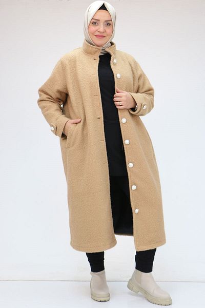 Eslina 43089 Παλτό Dikyaka με τσέπες με φιλέτο βιζόν Plus Size