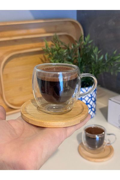 janset home shop Coffee Cup Set for 2 People - with Double Walls and Bamboo Base