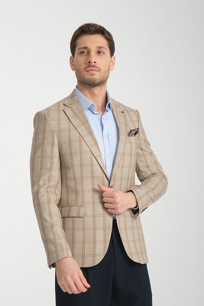 Frappoli Sanofi Ανδρικό Μπεζ καρό Slim Fit Mono Collar Sports Blazer Jacket