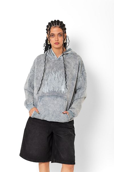 Bak Moda Flame Stone Printed Oversize Unisex Washable White Hoodie