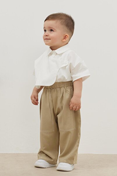 Fahhar Kids Dark Cream Double Needle Modal Trousers