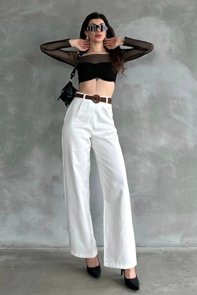Maude Kadın Beyaz Yüksek Bel Keten Kumaş Rahat Kesim Örgü Kemerli Palazzo Pantolon