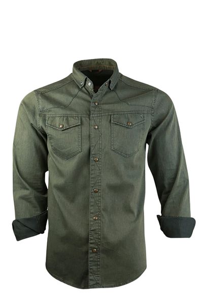 TARZZİNG Men's Long Sleeve Double Pocket Lycra Denim Shirt