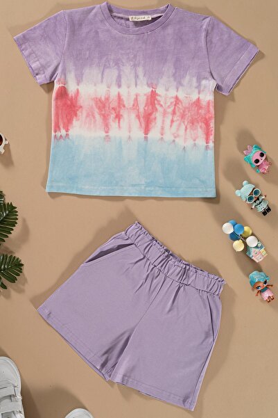 for you kids Set de pantaloni scurți de tricou liliac spălat în batik