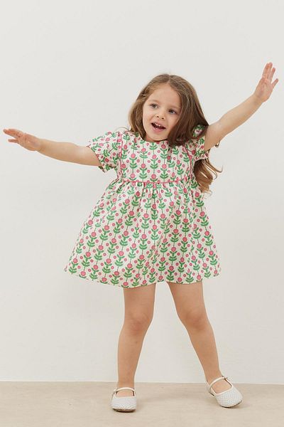 Fahhar Kids Pink Floral Patterned Piping Dress