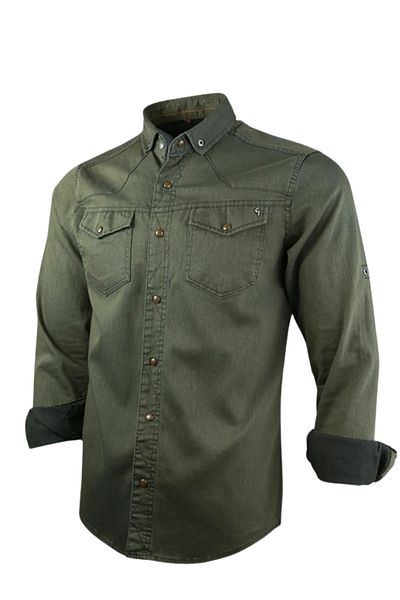 TARZZİNG Men's Long Sleeve Double Pocket Lycra Denim Shirt