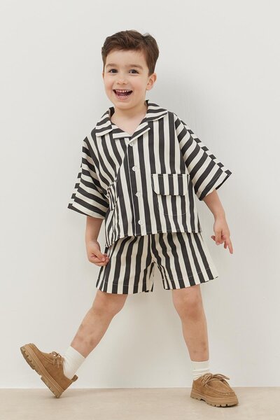 Fahhar Kids Black Striped Pocket Suit Set