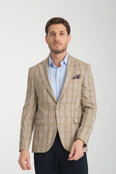 Frappoli Sanofi Ανδρικό Μπεζ καρό Slim Fit Mono Collar Sports Blazer Jacket