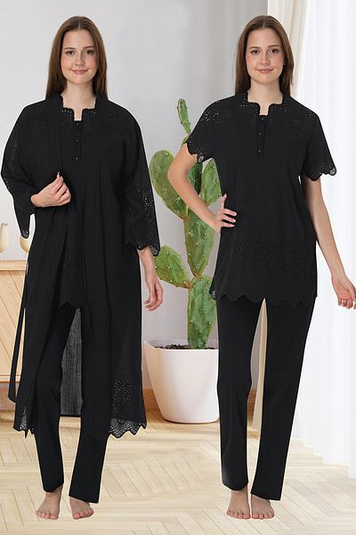 lohusahamile Effortt 9024 Maternity Pajama Set with Black Scallop Dressing Gown