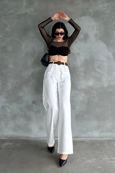 Maude Kadın Beyaz Yüksek Bel Keten Kumaş Rahat Kesim Örgü Kemerli Palazzo Pantolon