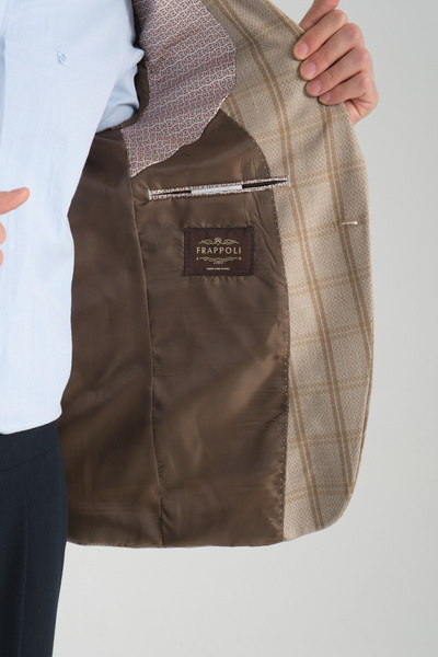 Frappoli Sanofi Ανδρικό Μπεζ καρό Slim Fit Mono Collar Sports Blazer Jacket