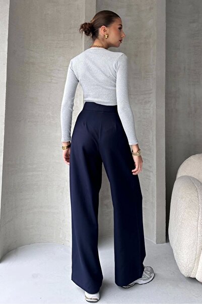 PALAZZO Lacivert Cırtlı Yüksek Bel Ayarlanabilir Bel Bol Paça