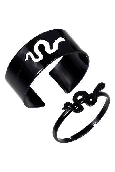 LABALABA Snake Figured Black Color Plated Adjustable Pair of 2 Rings