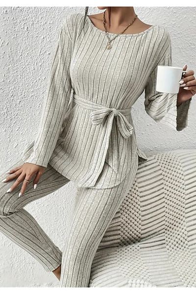Little Visqon Women's Long Sleeve One Shoulder Open Waist Belted Raster Camisole Blouse and Leggings Pants