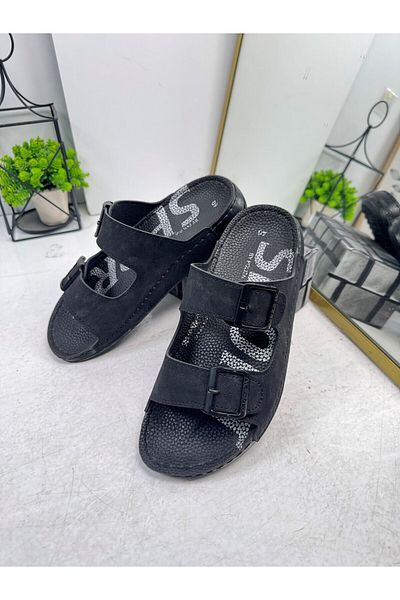 Nstil Casual Men's Black Slippers Adjustable Buckle Stitching Detail Comfortable Sole Oval Toe Sandals 2002