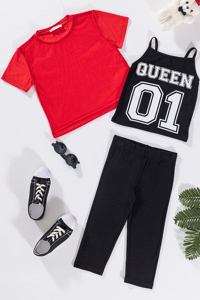 for you kids Queen Printed Black T-Shirt and Athlete Leggings - Set of 3