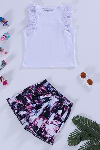 for you kids Shoulder Lace Purple White Blouse Shorts Set