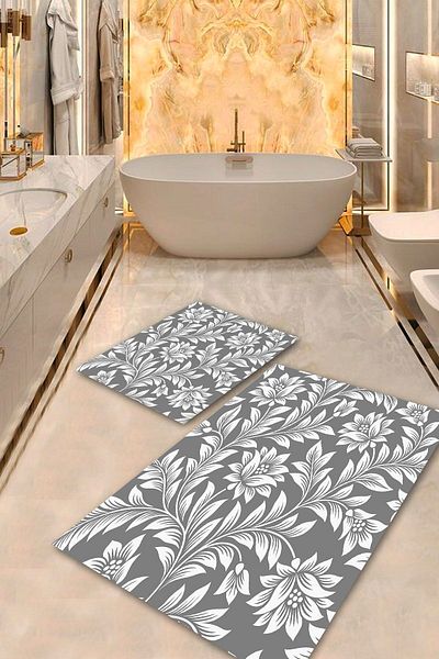 Aldora Γκρι αντιολισθητική βάση Flower Bath Mat Set BPS-2158