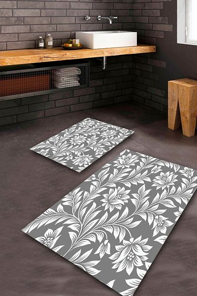 Aldora Γκρι αντιολισθητική βάση Flower Bath Mat Set BPS-2158