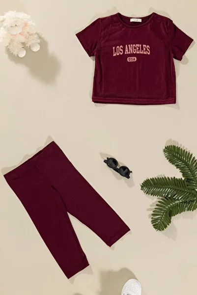 for you kids Los Angeles Printed 3-Piece T-shirt and Athlete Leggings Set - Claret Red