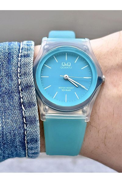 Q&Q Turquoise Clear Plastic - Women's AnaloG Wrist Watch with Silicone Strap and Line Indicator