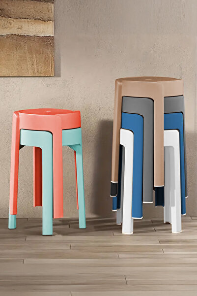 İronika Kaymaz Ayaklı Dekoratif İç İçe Geçebilen Plastik Tabure Mutfak Bahçe Taburesi 6 Adet