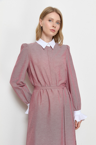 Fatma Atasoy Burgundy Shoulder Gathered Garnished Dress