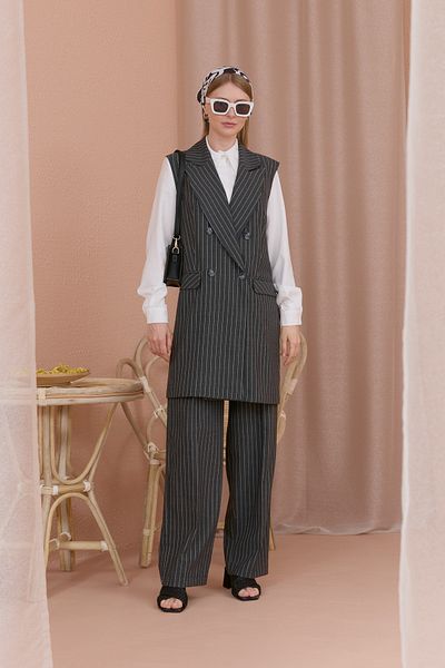 Fatma Atasoy Striped Cotton Palazzo Anthracite Vest