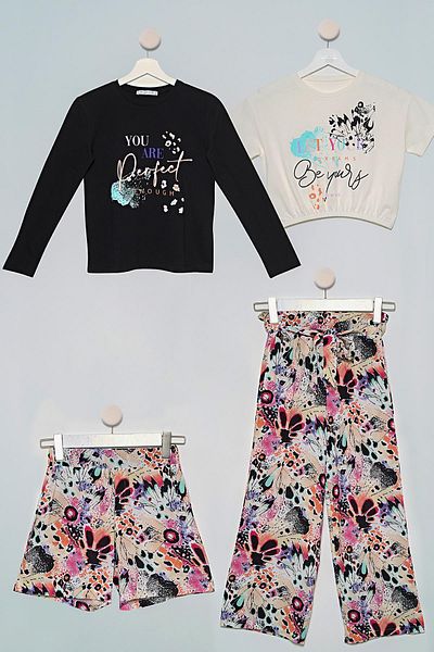 for you kids Set of 4 Batik Pattern Flower Tshirt Trousers Shorts Black Set