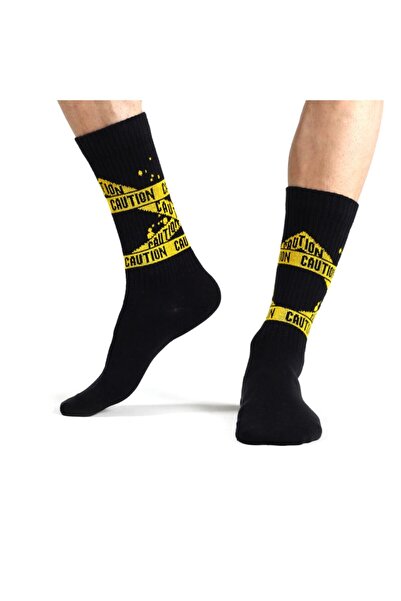 Fitilli Spor Caution Yazılı Erkek Siyah Spor Çorap