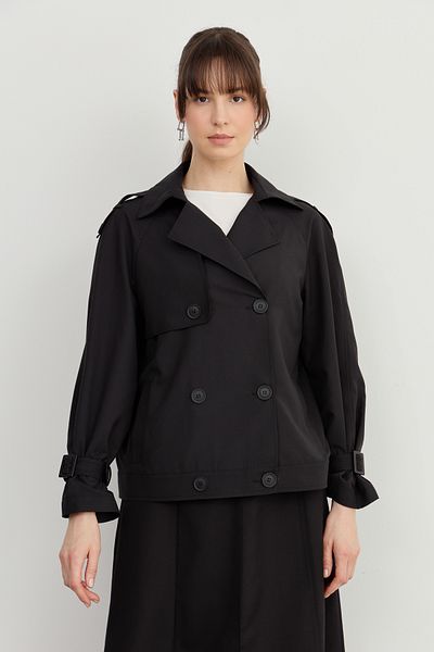 Fatma Atasoy Midi Trench Jacket with Sleeve Epaulettes Black