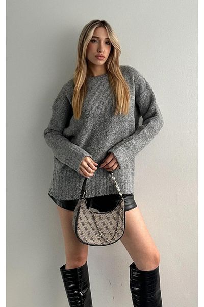 fujya Pulover Boucle Tricotaj Oversize Gri - Femei