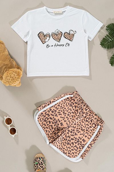 for you kids طقم تي شيرت وشورت بطبعة جلد الفهد