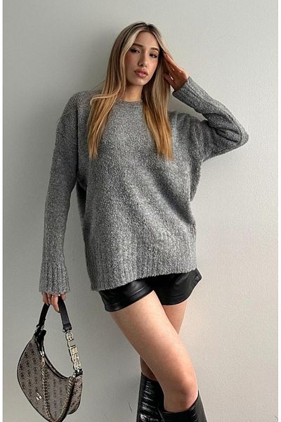 fujya Pulover Boucle Tricotaj Oversize Gri - Femei