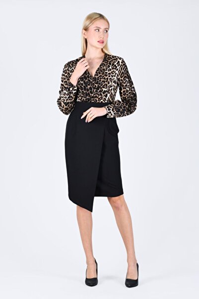 la luce Camel Siyah Çift Renk Leopar Desen Elbise - LE479