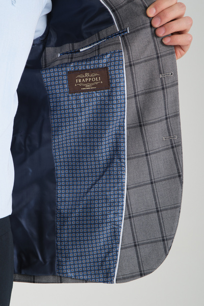 Frappoli Medardo Erkek Lacivert Ekoseli Slim Fit Dar Kesim Mono Yaka Spor Blazer Ceket