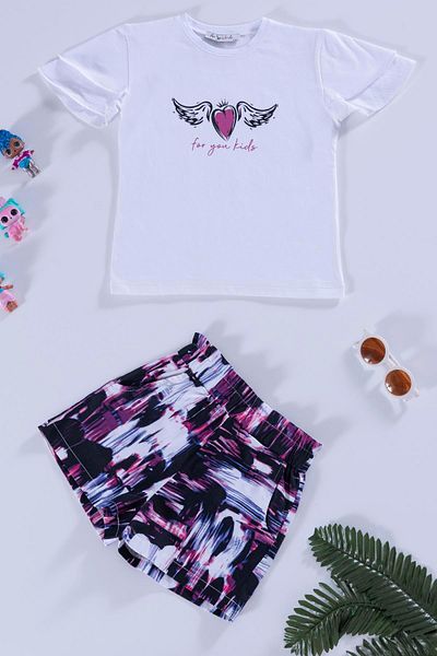 for you kids Heart Wing Pattern Purple White T-shirt Shorts Set