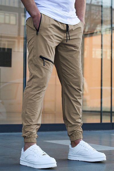 Madmext Camel Zipper Detailed Parachute Jogger Trousers