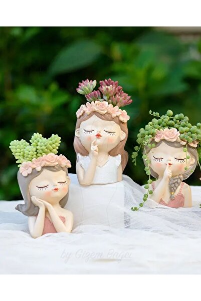 TARÇIN TASARIM 3'lü Sevimli Kız Saksı,Dekoratif Eşya,ELYAPIMI,Kaktüs ve Sukulent Seti