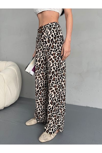 alanora Pantaloni Palazzo de damă cu talie înaltă cu imprimeu leopard și detaliu cu cataramă