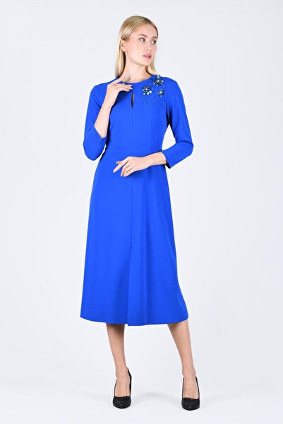 la luce Sax Omzu Boncuk Detaylı Elbise - LE485