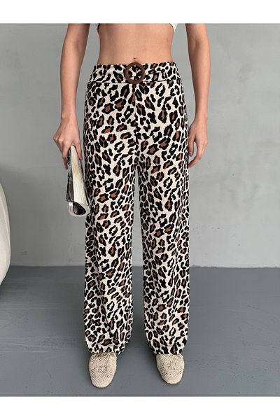alanora Pantaloni Palazzo de damă cu talie înaltă cu imprimeu leopard și detaliu cu cataramă