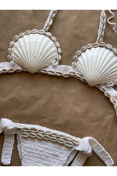 scyllastore Nora El Yapımı Doğal Deniz Kabuklu Ayarlanabilir Örgü Bikini Takımı