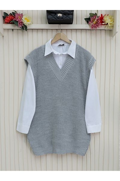 Modamorfo V-Neck Wide Ribbed Solid Brass Knitted Long Sweater -Grey