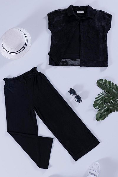 for you kids Black Floral Embroidered 3-Piece Shirt and Pants Set