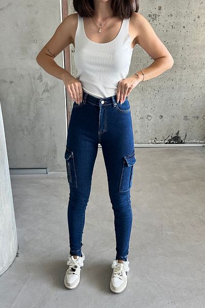 XRAY JEANS Pantaloni de damă din denim albastru elastic slim cu buzunare cargo